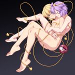  2girls bare_arms bare_back bare_legs bare_shoulders barefoot black_background blonde_hair closed_eyes feet highres hug hug_from_behind komeiji_satori looking_at_another mizuhashi_parsee multiple_girls nude ootsuki_wataru purple_hair short_hair simple_background touhou yuri 