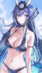  1girl absurdres arm_strap azur_lane bangs bare_arms bare_shoulders bikini blue_bikini blue_eyes blue_hair blue_sky blush breasts cleavage closed_mouth collarbone commentary cowboy_shot day dutch_angle eyebrows_visible_through_hair hair_between_eyes halter_top halterneck highres irohatomo large_breasts long_hair looking_at_viewer navel new_jersey_(azur_lane) outdoors sky solo standing stomach string_bikini swimsuit upper_body very_long_hair water 