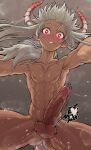  1boy absurdres bangs blush collarbone commission commissioner_upload completely_nude dark-skinned_male dark_skin demon_boy demon_horns from_below grey_background heart heart-shaped_pupils highres horns korean_commentary long_hair looking_at_viewer male_focus navel nipples nude open_mouth original penis ranger_squirrel red_eyes ruby_(nox) sidelocks simple_background sweat sweating_profusely symbol-shaped_pupils tail testicles toned toned_male twitching_penis veins veiny_penis white_hair 