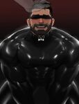  2boys animal_collar bara beard blindfold blush bulge collar covered_abs covered_navel covered_nipples facial_hair highres jang_ju_hyeon large_pectorals latex_bodysuit male_focus mature_male multiple_boys muscular muscular_male original pectorals pov reward_available see-through_silhouette short_hair skin_tight smile solo_focus thick_eyebrows thick_thighs thighs yaoi 