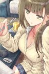  1girl absurdres aramachi bag breasts brown_hair cleavage eraser eyebrows_visible_through_hair highres holding indoors jewelry juice long_hair necklace original pencil_case ponytail pov school_bag school_uniform sitting solo yellow_eyes 
