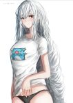  1girl absurdres alternate_costume arknights artist_name bangs black_panties breasts bugcat character_print cowboy_shot highres long_hair medium_breasts panties red_eyes shirt short_sleeves silver_hair skadi_(arknights) sketch solo standing underwear very_long_hair vloodozer white_background white_shirt 