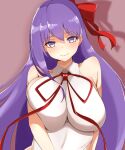  1girl bangs bare_shoulders bb_(fate) bb_(fate)_(all) blush breasts eyebrows_visible_through_hair fate/grand_order fate_(series) hair_ribbon highres large_breasts lips long_hair looking_at_viewer meta-tron purple_eyes purple_hair red_ribbon ribbon smile solo upper_body very_long_hair 