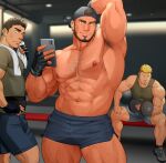  3boys abs arm_behind_head arm_hair armpit_hair armpits backwards_hat bara baseball_cap beard black_hair blue_shorts bulge chest_hair dark-skinned_male dark_skin dolphin_shorts dumbbell facial_hair green_tank_top gym hairy hat highres holding holding_phone indoors large_pectorals leg_hair looking_at_another male_focus mature_male multiple_boys muscular muscular_male navel nipples original pectorals phone pubic_hair pubic_hair_peek reward_available sakuramarusan selfie shirtless short_hair short_shorts shorts sitting smirk smug standing stomach sweatdrop tank_top thick_eyebrows thick_thighs thighs towel towel_around_neck undercut weightlifting 