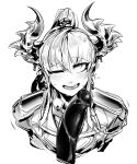  1boy bad_id bad_pixiv_id bangs demon_boy demon_horns doppel_(bonnypir) eyebrows_visible_through_hair greyscale highres horns long_hair looking_at_viewer male_focus monochrome one_eye_closed open_mouth original penis ponytail ruby_(nox) sidelocks simple_background smile sweat 