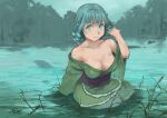  1girl absurdres aqua_eyes aqua_hair bangs bare_shoulders blue_theme breasts button_gap cleavage closed_mouth collarbone commentary_request drill_hair eyebrows_behind_hair green_kimono hand_up head_fins highres japanese_clothes kimono looking_at_viewer medium_breasts mermaid misohagi misty_lake monster_girl obi off_shoulder overcast partially_submerged sash scales short_hair smile solo touhou wakasagihime 