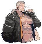  1boy abs bara bare_pectorals beard chest_hair cropped_torso cross_scar facial_hair fangs jacket kresnik_(tokyo_houkago_summoners) large_pectorals leather leather_jacket long_hair looking_at_viewer male_focus male_pubic_hair mature_male muscular muscular_male navel navel_hair necktie nipples old old_man open_clothes open_jacket pectorals ponytail pubic_hair rybiokaoru scar_on_forehead smile solo stomach tokyo_houkago_summoners white_background white_hair 