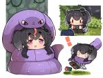  1girl anchor anchor_symbol animal_ears arbok black_hair black_legwear bunny_ears camera chibi cobra_(animal) commentary crossover dress forked_tongue gen_1_pokemon hat kantai_collection mini_hat nekodason oddish pokemon pokemon_(creature) purple_eyes sailor_dress short_dress short_hair short_hair_with_long_locks sidelocks snake tokitsukaze_(kancolle) tongue 