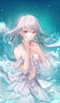  1girl arm_up bangs bare_shoulders closed_mouth commentary daby dress hand_on_own_face hand_up highres long_hair looking_at_viewer original red_eyes sky sleeveless solo standing star_(sky) symbol_commentary water water_drop white_dress white_hair 