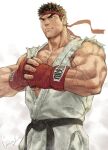  1boy backlighting bara bare_shoulders black_hair boxing_gloves dougi fingerless_gloves forked_eyebrows gentle2nd gloves hadouken headband highres male_cleavage male_focus muscular muscular_male own_hands_together partially_unbuttoned pectorals ryu_(street_fighter) shirt short_hair shouryuuken sideburns sidepec solo street_fighter street_fighter_ii_(series) thick_eyebrows torn_clothes torn_shirt uppercut veins white_background 