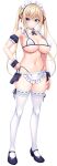  1girl apron arm_garter asami_asami bangs bikini black_footwear blonde_hair blue_eyes breasts detached_collar full_body hand_on_hip huge_breasts long_hair maid_headdress mary_janes navel official_art okayu_seira photoshop_(medium) ribbon-trimmed_legwear ribbon_trim role_player:_okayu_shimai_no_nenmaku_potrait_-_gurigucha_live! shoes side-tie_bikini solo standing swimsuit thighhighs transparent_background twintails waist_apron white_legwear wrist_cuffs 