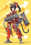  1girl animal_ears black_hair cat_ears fake_animal_ears full_body gatling_gun gun headgear highres holding holding_gun holding_weapon long_hair mecha_musume mechanical_legs minigun orange_eyes original pinakes ponytail solo tail weapon 