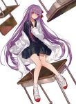  1girl bangs bb_(fate) bb_(fate)_(all) chair chocoan desk fate/extra fate_(series) floating floating_object highres long_hair purple_eyes purple_hair red_neckwear red_ribbon ribbon sailor_collar school_uniform solo very_long_hair white_background 