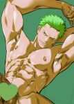  1boy abs armpits bara censored completely_nude dizdoodz earrings erection green_hair heart heart_censor highres jewelry looking_at_viewer lying male_focus male_pubic_hair muscular muscular_male navel navel_hair nipples nude on_back one_piece pectorals penis pubic_hair reward_available roronoa_zoro scar scar_across_eye short_hair sideburns single_earring smirk smug solo stomach veins veiny_penis 