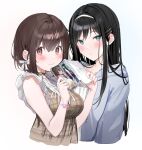  2girls bangs black_hair blue_eyes blue_jacket blush bow bracelet breasts brown_choker brown_hair brown_skirt choker closed_mouth commentary_request dress eyebrows_visible_through_hair hair_bow hair_ornament hairband hairclip hands_up highres holding_manga hood hood_down hooded_jacket jacket jewelry long_hair looking_at_viewer manga_(object) medium_breasts mole mole_under_eye multiple_girls novel_illustration official_art open_clothes open_jacket original plaid plaid_dress red_eyes shirt short_hair simple_background skirt sleeveless sleeveless_dress straight_hair tareme upper_body white_background white_bow white_hairband white_shirt xretakex 