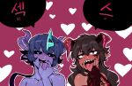 2boys androgynous bangs bare_shoulders black_hair black_nails black_sclera blue_hair blush brown_hair chest_tattoo cleavage_cutout clothing_cutout collarbone colored_sclera colored_skin cunnilingus_gesture dark-skinned_male dark_skin demon_boy demon_horns demon_king_(in) docu_(doppel) doppel_(bonnypir) elbow_gloves english_text eyebrows_visible_through_hair fellatio_gesture fingernails furrowed_brow gloves green_eyes heart highres horns korean_text long_fingernails long_hair male_focus multiple_boys open_mouth original pointy_ears purple_skin red_eyes red_nails sharp_fingernails sharp_teeth short_hair simple_background sleeveless smile speech_bubble tattoo teeth tongue tongue_out 