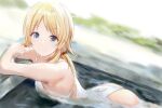  1girl ass bangs bare_arms blonde_hair blue_eyes blurry blurry_background eyebrows_visible_through_hair hachimiya_meguru hair_tie idolmaster idolmaster_shiny_colors in_water light_blush long_hair looking_at_viewer lying nannacy7 on_stomach one-piece_swimsuit outdoors pool smile solo swimsuit twintails water white_swimsuit 