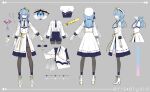  1girl atelier_live bangs blue_eyes blue_hair blue_neckwear blue_shorts character_name character_sheet collared_shirt english_commentary eris_elysia eris_elysia_(artist) eyebrows_visible_through_hair gradient_eyes hair_behind_ear high_heels highres long_hair multicolored multicolored_eyes multiple_views necktie pantyhose pink_eyes shirt short_necktie shorts skirt smile thigh_strap virtual_youtuber white_footwear white_shirt white_skirt 