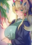  1girl blonde_hair breasts calligraphy_brush earrings fate/grand_order fate_(series) gawain_(fairy_knight)_(fate) heterochromia japanese_clothes jewelry kimono large_breasts long_hair paintbrush ponytail satou_(kuso-neet) tanabata yukata 