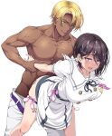  1boy 1girl :d arm_grab arm_held_back arms_behind_back bang_dream! bangs bare_legs bent_over black_hair blonde_hair blue_panties blush body_writing bouncing_breasts breasts cage_unlimited clothed_sex clothes_lift clothes_pull condom condom_in_clothes condom_packet_strip condom_wrapper cum cum_on_hair dark-skinned_male dark_skin dress dress_lift earrings facial grey_eyes gyaruo hair_between_eyes hetero highres holding_another&#039;s_arm hoop_earrings implied_sex interracial jewelry large_breasts legs_apart looking_ahead muscular muscular_male neck_ribbon open_mouth panties pants pants_pull panty_pull parted_bangs puffy_short_sleeves puffy_sleeves purple_eyes ribbon sailor_collar school_uniform sex sex_from_behind shirtless short_hair short_sleeves simple_background smile smirk standing standing_sex swept_bangs tally torogao tsukinomori_school_uniform unaligned_breasts underwear used_condom white_background white_dress yashio_rui 