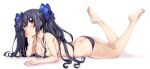  1girl ass bare_arms bare_legs barefoot bikini black_bikini black_hair breasts butt_crack cleavage hair_ribbon iwashi_dorobou_-r- long_hair lying medium_breasts neptune_(series) noire on_stomach red_eyes ribbon simple_background smile solo swimsuit twintails white_background 