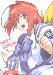  1girl :d ahoge bangs bow bowtie clenched_hands commentary_request dated eyebrows_visible_through_hair hair_bow hair_intakes hands_up happy_birthday juliet_sleeves kagami_sumika long_hair long_sleeves looking_at_viewer low_ponytail muvluv open_mouth otoo_(izanagi) puffy_sleeves purple_bow purple_neckwear red_eyes red_hair school_uniform serafuku shiny shiny_hair sidelocks simple_background smile solo upper_body upper_teeth white_background yellow_bow 