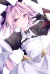  1boy astolfo_(fate) astolfo_(saber)_(fate) bangs black_dress black_gloves blush bow bowtie dress fang fate/grand_order fate_(series) gloves hair_bow hair_intakes hair_ribbon juliet_sleeves layered_skirt long_hair long_sleeves looking_at_viewer low_twintails male_focus multicolored_hair mutou_(arigatou_banira) one_eye_closed open_mouth otoko_no_ko pink_hair puffy_sleeves purple_eyes ribbon skin_fang skirt smile streaked_hair twintails v white_hair white_skirt wide_sleeves 