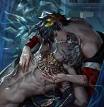  2boys armlet bangs black_hair book bracer cdash817 chinese_commentary closed_eyes commentary_request face-to-face fingernails gold_trim hades_(game) hand_on_another&#039;s_chest highres imminent_kiss jewelry laurel_crown light_particles lying_on_person male_focus multiple_boys navel neck_ring nipples parted_bangs plant short_hair thanatos_(hades) watermark white_hair yaoi zagreus_(hades) 