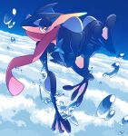  bright_pupils commentary_request gen_6_pokemon greninja ippuku looking_at_viewer no_humans pokemon pokemon_(creature) purple_eyes solo toes tongue_scarf water water_drop white_pupils 