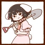  1girl :3 animal_ears bangs black_hair blush_stickers border bunny_ears bunny_tail carrot_necklace dress holding holding_shovel inaba_tewi looking_at_viewer money_gesture over_shoulder pink_dress poronegi red_eyes short_hair short_sleeves shovel solo tail touhou white_background 