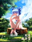  1girl bangs bare_arms bare_legs bare_shoulders barefoot bing_(01969) blue_bow blue_eyes blue_flower blue_hair blue_sky blush bow bug butterfly camisole chinese_commentary chinese_text cirno cloud commentary_request dated day eyebrows_visible_through_hair flower full_body grass hair_bow hand_on_own_cheek hand_on_own_face hand_on_own_leg hand_up head_rest highres ice ice_wings insect outdoors short_hair sideways_glance signature sitting sky solo strap_slip touhou translation_request tree wings 
