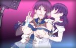  2girls bang_dream! bangs bare_shoulders blowing_in_ear blurry blurry_background breast_grab breasts cage_unlimited camera condom dutch_angle finger_in_mouth fingernails futaba_tsukushi grabbing grabbing_from_behind gradient gradient_background groping hair_between_eyes heavy_breathing holding holding_condom large_breasts long_fingernails long_hair looking_at_another low_twintails mouth_pull multiple_girls nail_polish open_mouth orange_eyes parted_bangs puffy_short_sleeves puffy_sleeves purple_background purple_eyes purple_hair recording red_nails school_uniform short_hair short_sleeves standing torn_clothes tripod twintails underbust upper_body upper_teeth used_condom v yashio_rui 