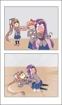  3girls brown_hair doki_doki_literature_club hair_ribbon highres knife long_hair meme monika_(doki_doki_literature_club) multiple_girls pink_hair purple_hair ribbon savi_(byakushimc) sayori_(doki_doki_literature_club) short_hair surprised yuri_(doki_doki_literature_club) 