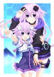  2girls adult_neptune black_choker breasts choker cleavage d-pad d-pad_hair_ornament gun hair_ornament highres hood hooded_jacket jacket kagura_ittou long_hair looking_at_viewer medium_breasts multiple_girls neptune_(neptune_series) neptune_(series) open_mouth purple_eyes purple_hair shin_jigen_game_neptune_vii short_hair smile thigh_strap v weapon 