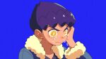  1boy bangs black_shirt blue_background blue_jacket closed_mouth crying dark-skinned_male dark_skin fur-trimmed_jacket fur_trim highres hop_(pokemon) jacket male_focus nuime_(nuishiron) pokemon pokemon_(game) pokemon_swsh purple_hair shirt short_hair simple_background solo tears upper_body watery_eyes yellow_eyes 