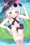  1girl :d adjusting_eyewear armpit_crease bangs bare_arms bare_shoulders barefoot bikini_skirt blunt_bangs blush breasts cleavage_cutout clothing_cutout eyewear_on_head feet from_above halterneck hat highres hololive in_water innertube long_hair looking_at_viewer mizuki_ryuu murasaki_shion open_mouth outdoors purple_headwear purple_swimsuit small_breasts smile soles solo sunglasses swimsuit upper_teeth virtual_youtuber white_hair witch_hat yellow_eyes 