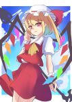  1girl ascot bangs blonde_hair blush border bow breasts bright_pupils closed_mouth cloud cloudy_sky commentary_request condensation_trail cowboy_shot crystal day eyebrows_visible_through_hair fang fang_out flandre_scarlet from_below gradient hat hat_bow highres holding holding_weapon laevatein light_smile looking_at_viewer mob_cap one_side_up outdoors outside_border puffy_short_sleeves puffy_sleeves red_bow red_skirt red_vest rurimaringo short_hair short_sleeves skirt sky small_breasts solo touhou vest weapon white_border white_headwear wings wrist_cuffs yellow_neckwear 