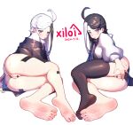  2girls absurdres ahoge artist_name bangs bare_legs barefoot black_hair black_jacket black_legwear black_panties black_shirt candy censored chinese_commentary closed_mouth commentary_request dated feet food food_in_mouth full_body heart heart_censor hei_bai_wuchang highres hijinrui_gakuen huge_ahoge jacket lollipop long_hair looking_at_viewer lying multicolored_hair multiple_girls off_shoulder on_side panties panties_aside pussy pussy_juice red_eyes shirt simple_background single_thighhigh skindentation sweat thighhighs two-tone_hair underwear white_background white_hair white_jacket white_panties white_shirt xiloi 