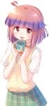 1girl :d absurdres ahoge bangs blue_hair blunt_bangs blunt_ends blush bow bowtie brown_eyes collared_shirt commentary cup eyebrows_visible_through_hair gradient_hair green_skirt hair_flaps highres holding holding_cup looking_at_viewer medium_hair mug multicolored_hair nyaa_(nnekoron) open_mouth pink_hair plaid plaid_skirt pleated_skirt shadow shiny shiny_hair shiny_skin shirt simple_background skirt smile solo toyokawa_himeno upper_body white_background white_shirt yakunara_mug_cup_mo yellow_bow yellow_neckwear yellow_stripes yellow_sweater_vest 