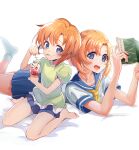  absurdres barefoot blue_eyes blush highres higurashi_no_naku_koro_ni lying on_stomach orange_hair parfait reading ryuuguu_rena school_uniform short_hair skirt smile white_background white_legwear yj_nakayama younger 