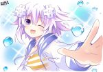  1girl d-pad d-pad_hair_ornament eyebrows_visible_through_hair hair_ornament highres jacket lewdkuma long_sleeves looking_at_viewer neptune_(neptune_series) neptune_(series) one_eye_closed open_mouth pink_hair purple_eyes short_hair smile solo swimsuit swimsuit_under_clothes white_jacket 