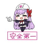  1girl :d bangs bb_(fate) bb_(fate)_(all) black_jacket black_legwear black_skirt blush_stickers bow breasts chan_co chibi closed_eyes eyebrows_visible_through_hair fate/extra fate/extra_ccc fate_(series) gloves hair_bow hardhat helmet jacket large_breasts long_sleeves neck_ribbon open_clothes open_jacket open_mouth pleated_skirt purple_hair red_bow red_ribbon ribbon shirt simple_background skirt smile solo thighhighs translation_request white_background white_gloves white_headwear white_shirt wide_sleeves 
