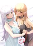  2girls asymmetrical_docking bangs bare_arms bare_shoulders bed_sheet black_choker blonde_hair blush braid breast_press breasts brown_eyes brown_legwear choker cleavage closed_mouth elf eyebrows_visible_through_hair glint green_eyes heart highres holding_hands hololive interlocked_fingers jewelry konasu_(sndk1480) large_breasts lingerie long_hair looking_at_viewer multiple_girls neck_garter necklace negligee pantyhose pointy_ears shiranui_flare shirogane_noel silver_hair smile string string_of_fate underwear underwear_only very_long_hair virtual_youtuber 