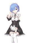  1girl absurdres apron bangs black_dress blue_eyes blue_hair blunt_bangs blush breasts detached_sleeves dress fujimaki_nora garter_straps hair_ornament hair_over_one_eye hair_ribbon highres maid medium_breasts pink_ribbon re:zero_kara_hajimeru_isekai_seikatsu rem_(re:zero) ribbon roswaal_mansion_maid_uniform short_hair simple_background sitting smile solo thighhighs waist_apron white_apron white_background white_legwear x_hair_ornament 