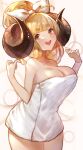  1girl :d absurdres anila_(granblue_fantasy) bangs bare_arms bare_shoulders blonde_hair blunt_bangs blush bow breasts brown_eyes cleavage collarbone commentary_request cowboy_shot draph eyebrows_visible_through_hair granblue_fantasy hair_bow hair_bun hands_up highres horns large_breasts long_hair looking_at_viewer naked_towel simple_background smile solo suzu_(suzuame329) teeth thick_eyebrows towel upper_teeth w_arms white_background white_bow 