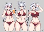  3girls ahoge beelzebub_(helltaker) bikini blush breasts cawfield cleavage demon demon_girl demon_tail drinking_straw english_commentary eyebrows_visible_through_hair heart heart-shaped_pupils helltaker horns large_breasts looking_at_viewer lucifer_(helltaker) modeus_(helltaker) multiple_girls pinky_out red_eyes signature smile swimsuit symbol-shaped_pupils tail white_hair white_horns 