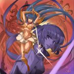  2girls armor arms_up asou_yuuko bikini_armor blue_hair breasts character_request claws commentary_request highres holding holding_sword holding_weapon incoming_attack kirishima_reiko lips long_hair medium_breasts miyo_(13th_floor) mugen_senshi_valis multiple_girls open_mouth short_hair skirt sword vambraces very_long_hair weapon white_skirt 