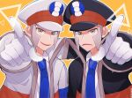  2boys black_coat black_headwear blue_neckwear brothers coat collared_shirt commentary_request emmet_(pokemon) frown ginji_(user_cyva2283) gloves grey_hair hat highres ingo_(pokemon) long_sleeves looking_at_viewer male_focus multiple_boys necktie open_clothes open_coat open_mouth pointing pokemon pokemon_(game) pokemon_bw shirt short_hair siblings sideburns smile tongue upper_body white_coat white_gloves white_headwear white_shirt 