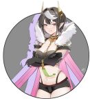  1girl absurdres ariel_(kumo_desu_ga_nani_ka?) bangs black_bra black_gloves black_hair black_shorts bra breasts cape chinese_commentary cleavage commentary_request cowboy_shot crossed_arms dated earrings elbow_gloves fur-trimmed_cape fur_trim gloves grin highres horns jewelry kumo_desu_ga_nani_ka? liuleiwowotou looking_at_viewer medium_breasts multicolored_hair navel pink_eyes pointy_ears short_hair short_shorts shorts signature smile solo standing stomach streaked_hair underwear white_hair 