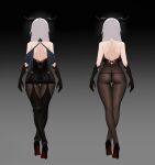  1girl absurdly_long_hair absurdres aegir_(azur_lane) ass azur_lane bare_back bare_shoulders black_cape black_footwear black_gloves bodystocking boots breast_curtains breasts cape character_sheet demon_girl demon_horns earrings from_behind gloves high_heel_boots high_heels highres horns iron_cross jewelry knee_boots large_breasts long_hair multiple_views skindentation thigh_gap thong uneven_footwear very_long_hair white_hair yunsang 